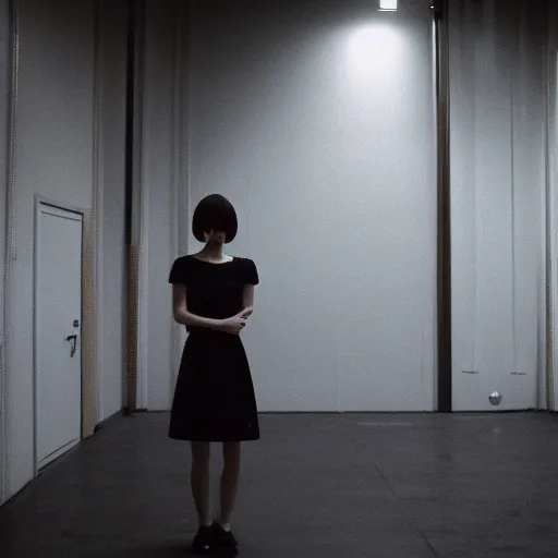 Image similar to a lone female android girlfriend stands motionless in front of the camera in an empty retail backroom room with cinestill 7 0's film liminal, flash photography