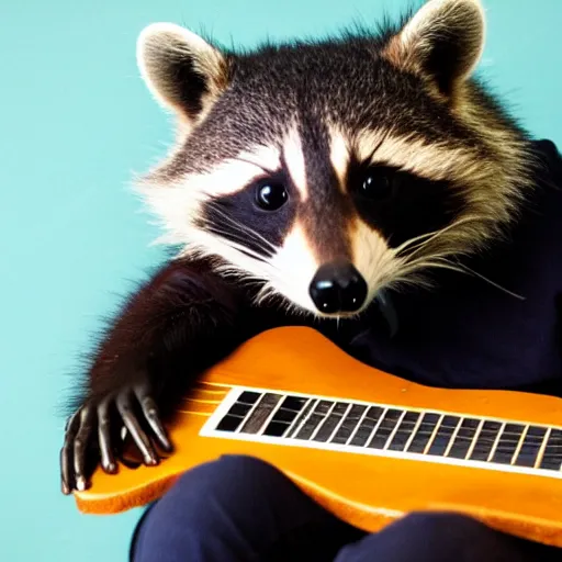 Prompt: a raccoon wearing a leather jacket playing electric guitar