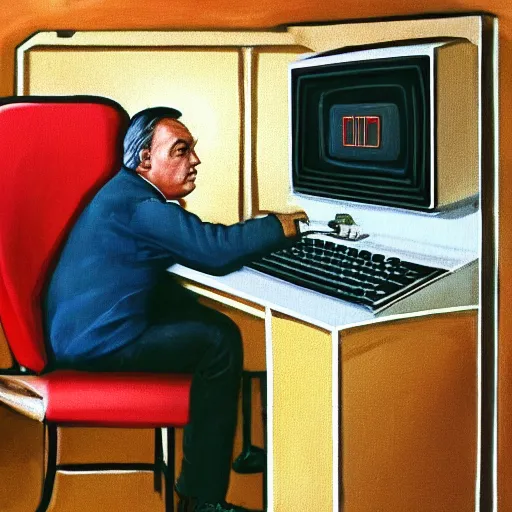 Prompt: viktor orban programming a vintage computer in a cubicle, oil painting