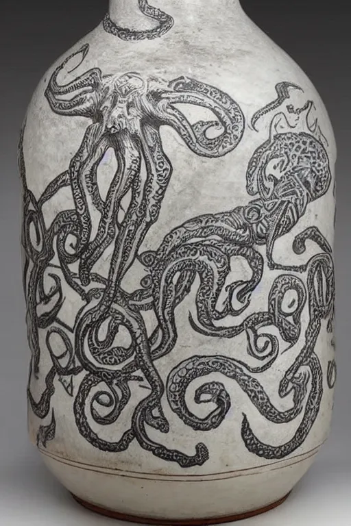 Image similar to A greek amphora with Cthulhu drawings on it, outstanding, high quality, highly detailed, award-winning