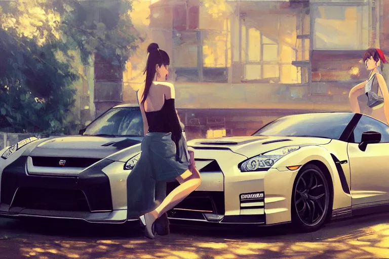 Image similar to A ultradetailed beautiful panting of a stylish girl standing in front of a Nissan GTR, Oil painting, by Ilya Kuvshinov, Greg Rutkowski and Makoto Shinkai