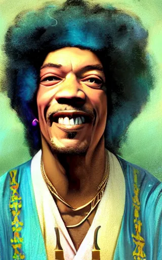 Image similar to character concept portrait of Jimmy Hendrix as wizard enchanting a music rune, a floating guitar in the center, embroidered gold-green robes, intricate, elegant, digital painting, concept art, smooth, sharp focus, illustration, from Metal Gear, by Ruan Jia and Mandy Jurgens and William-Adolphe Bouguereau, Artgerm