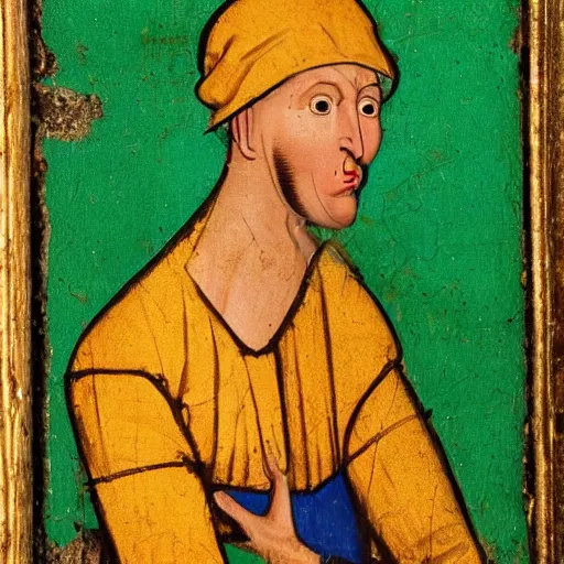 Image similar to skinny man with ugly deformed face wearing bright green cap and bodysuit, medieval painting