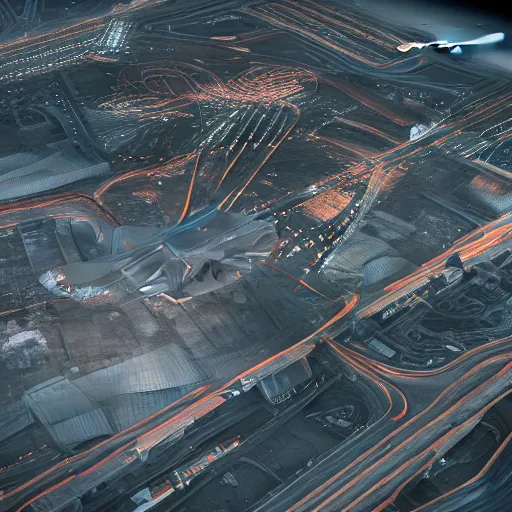 Image similar to Kazimierz Malewicz sci-fi motherboard airport view from above structure and digital billboard point cloud in the middle, unreal engine 5, keyshot, octane, artstation trending, ultra high detail, ultra realistic, cinematic, 8k, 16k, in style of zaha hadid, in style of nanospace, in plastic, dark, tilt shift,