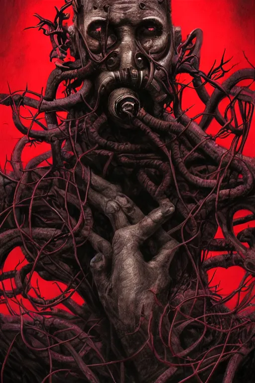 Image similar to realistic portrait beautiful detailed matte painting of cinematic movie scene a zombie with a gas mask, tentacles, black and red, thorns, vines, horror, created by gustave dore and greg rutkowski, high detailed, smooth draw, synthwave neon retro, intricate, realistic proportions, dramatic lighting, trending on artstation.