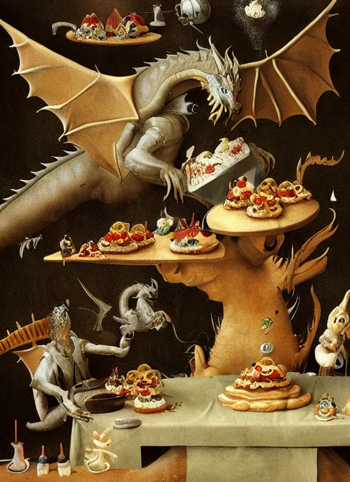 Image similar to dragon eating cakes by hieronymus bosch, detailed digital art, trending on Artstation