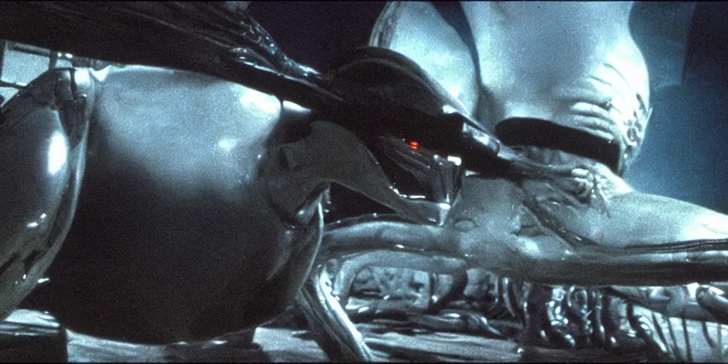 Prompt: color film still, view from behind, a woman in black bikini exploring a spaceship ; alien 2 ( 1 9 8 6 )