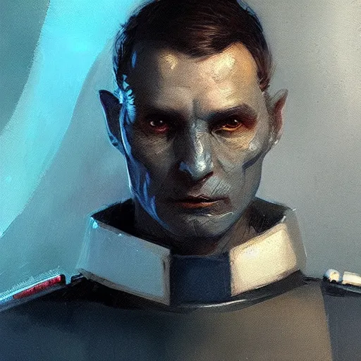 Prompt: portrait of a blue skin man by greg rutkowski, short black hair in military style, tall, star wars expanded, universe, he is about 5 0 years old, wearing white colored imperial admiral uniform, artstation hq