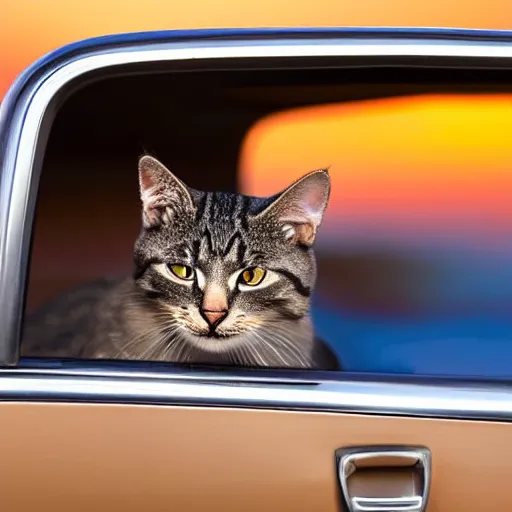 Image similar to cat cruising in a cabriolet, golden hour, front top side view, golden ratio, idyllic setting