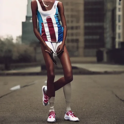 Image similar to realistic photoshooting for a new nike lookbook, vhs colour photography, portrait of model Winnie Harlow woman, in style of Tyler Mitchell, 35mm,