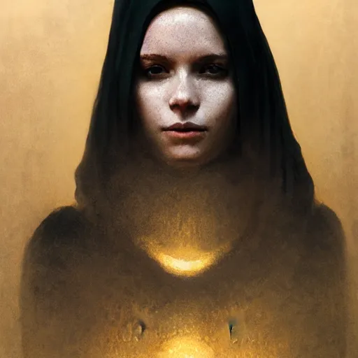 Image similar to a portrait of a young woman wearing a long dark cloak, hood and shadows covering face, holding golden chains, oil painting, matte painting, black background, Volumetric Golden dappled dynamic lighting, Highly Detailed, Cinematic Lighting, Unreal Engine, 8k, HD, by Beksinski