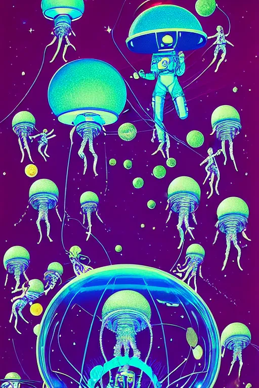 Prompt: crenelated chrome space - suits protect jovial jellyfish kawaii space - cadets from certain doom as the planet they orbit sends elastic aerochrome nets attack them, tristan eaton, victo ngai, maxfield parrish, artgerm, koons, ryden, intricated details, 3 / 4 view, space scene illustration on black paper