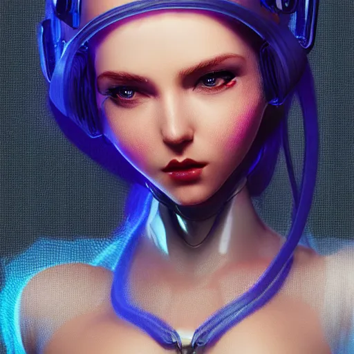 Image similar to a beautiful woman with blue hair wearing robot suit with wires and light, highly detailed, photorealistic, artstation, smooth