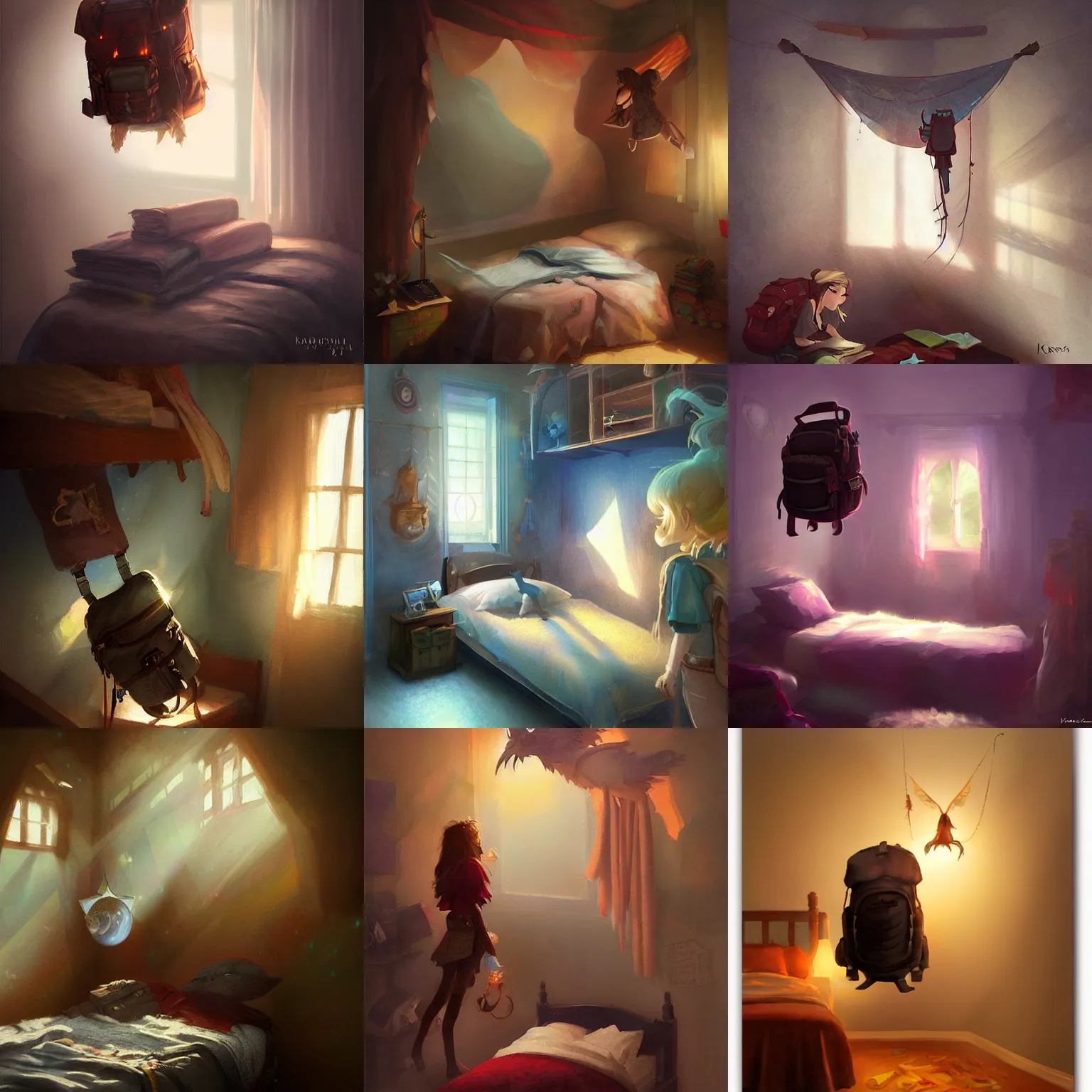 Prompt: a magical backpack above the bed in a teenager's room by krenz cushart, fantasy, dramatic light