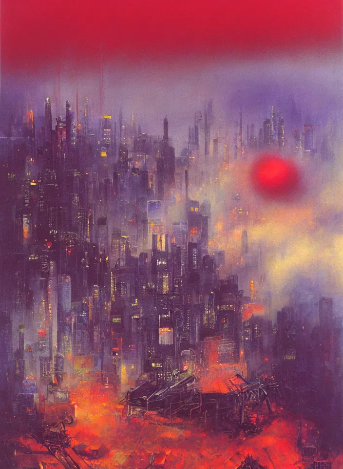 Image similar to 9 / 1 1 terror attack, red and purple palette, volume light, fog, by wayne thiebaud by ( h. r. giger ) and paul lehr