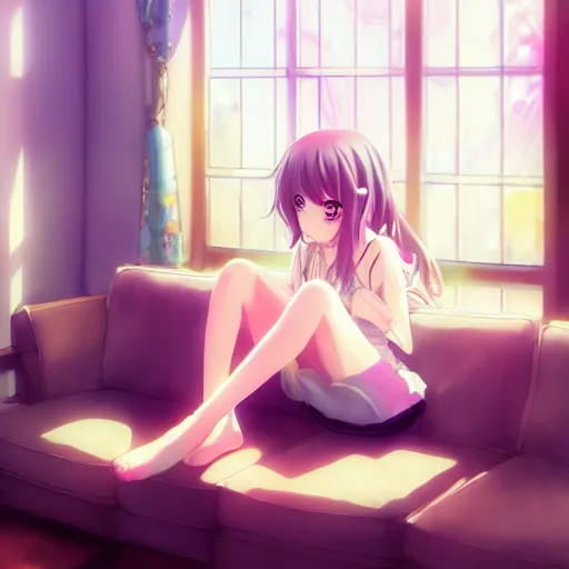 Prompt: anime beautiful girl sits on the sofa and listens to music, the sun shines through the window, clear face, beautiful body, dream light, highly detailed, 8 k, pixiv, in style of kyoto animation, art by cushart krenz