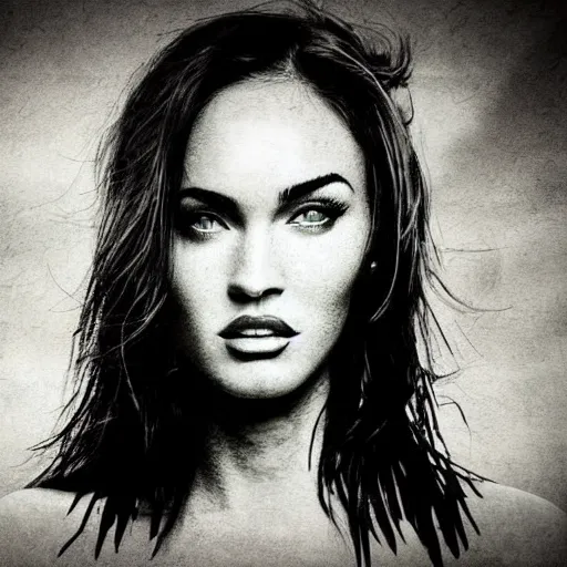 Image similar to double - exposure effect of megan fox face in the shape of beautiful mountains, in the style of dan mountford, amazing detail, black and white