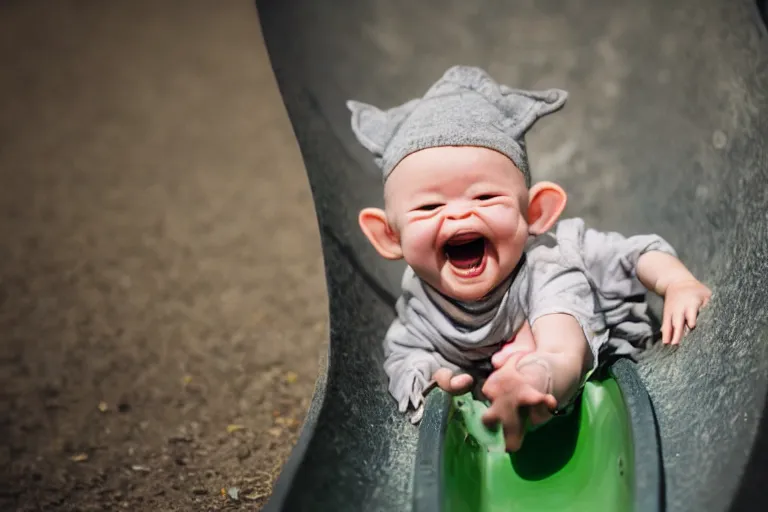 Image similar to photo of Baby Yoda going down a slide at a children’s playground, his arms are in the air and he’s smiling, shallow depth of field, Nikon 50mm f/1.8G,