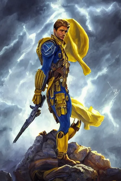 Image similar to a full body shot from distance of a super soldier with a Ukrainian yellow and blue flag standing in the beam of light from the clouds in a triumph after battle, western, masculine figure, D&D, fantasy, intricate, elegant, highly detailed, digital painting, artstation, concept art, matte, sharp focus, symmetrical, illustration, art by Artgerm and Greg Rutkowski and Alphonse Mucha