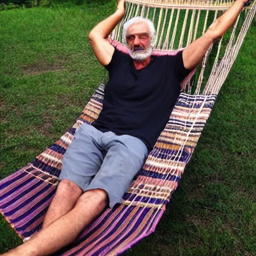 Prompt: my older italian wise friend on a hammock, reading new book, gravity is strong, he is very relaxed, mountains in a background