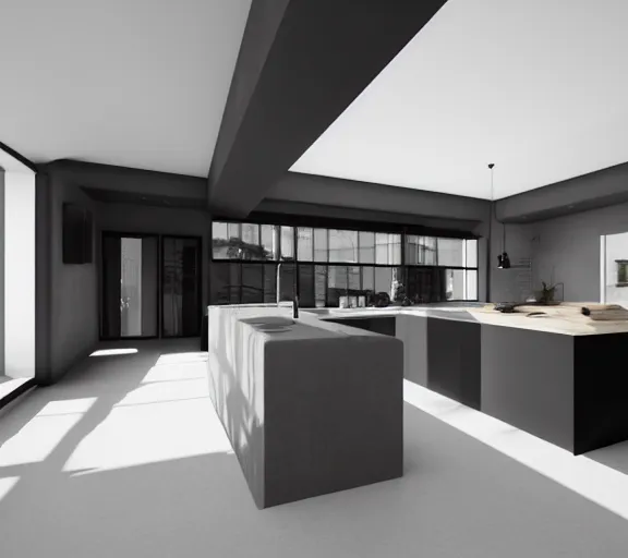 Image similar to brutalist black house kitchen with 2 islands interior design minimalist organic, organic architecture furniture open space high quality octane render blender 8 k