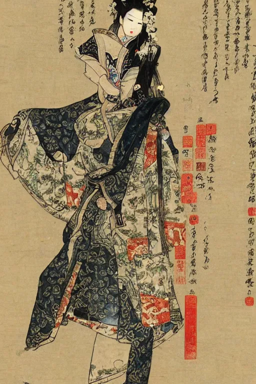 Image similar to tang dynasty songstress by akihiko yoshida and john constable