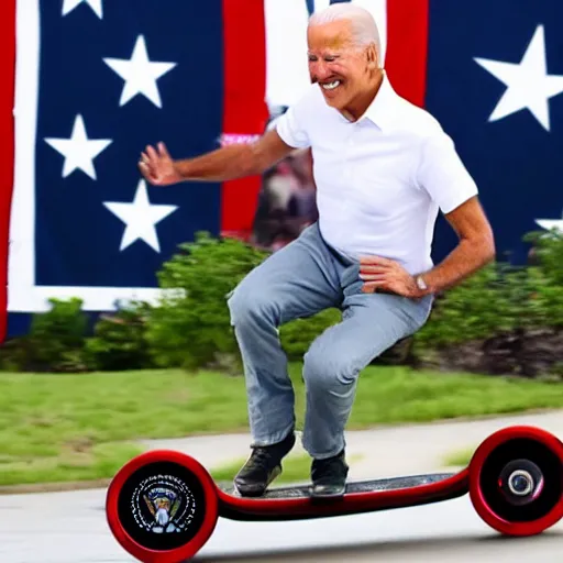 Image similar to joe biden riding a skateboard, realistic, hd