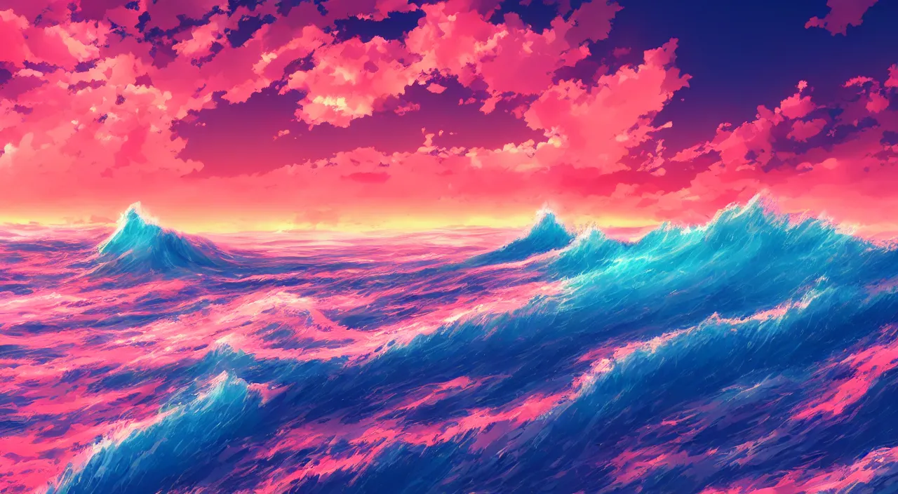 Image similar to anime landscape wallpaper, waves simulated crystal clear waves, ocean cliff side, pink, blue, orange, and red clouds