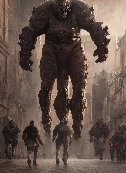 Image similar to full body portrait of martyn ford as huge towering bipedal horror demon with bulbous torso wearing armour walks down city street, people flee, painted by ruan jia, raymond swanland, lawrence alma tadema, zdzislaw beksinski, norman rockwell, jack kirby, tom lovell, alex malveda, greg staples