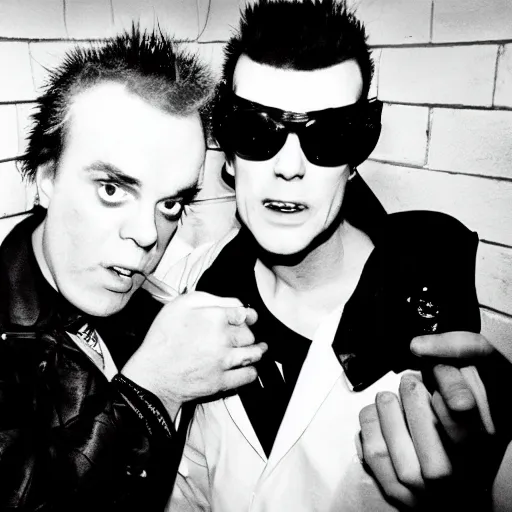 Prompt: syd vicious and johhny rotten, fighting baackstage, press photograph, high contrast, flash photography, wide angle