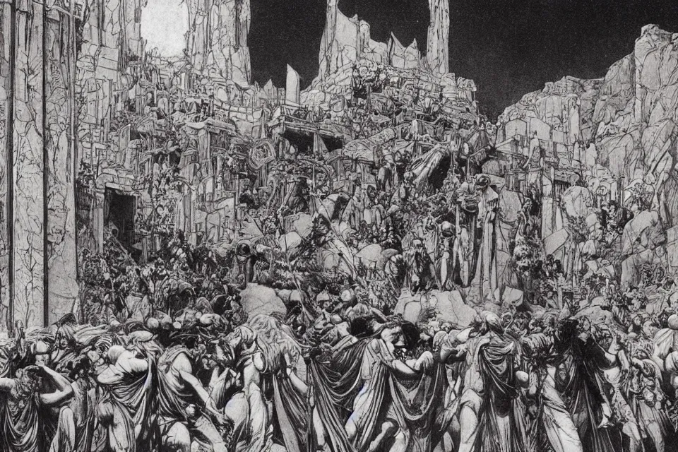 Image similar to artwork by Franklin Booth showing the fall of the city of Babylon