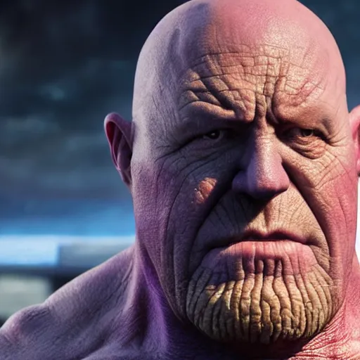 Image similar to Jonathan Banks as Thanos, HD promotional screenshot from new Avengers film, 8k ultra realistic, Marvel animation