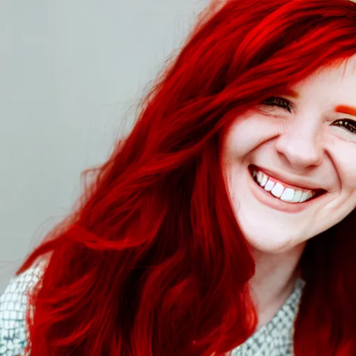 Prompt: A red haired woman dressed in overalls smiling at the camera