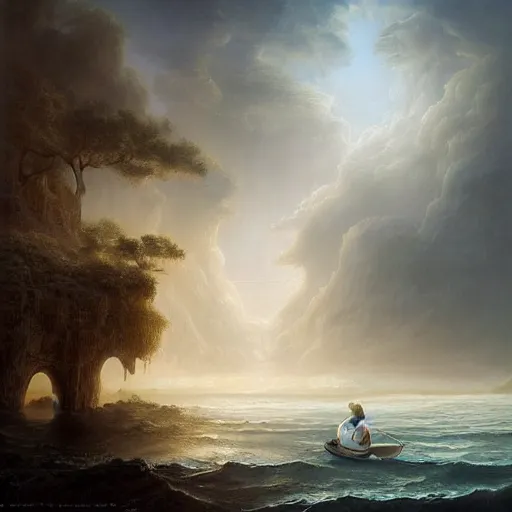 Prompt: a surreal dreamlike painting of a white haired fisherman, extravagant matte painting, highly detailed oil painting, 8k, devastatingly beautiful atmosphere, elegant cinematic fantasy art, intricate masterpiece