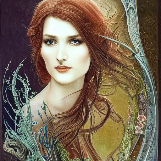 Image similar to facial portrait of a young pretty woman in flowing dress, arrogant, mysterious, long fine flowing hair, delicate, looking at camera, slightly awkward smile, realistic face, hands behind back, intricate, stylish, elegant, grimdark fantasy, flowers, art nouveau, extremely detailed painting inspired by Gerald Brom and Ernst Haeckel and Kaluta