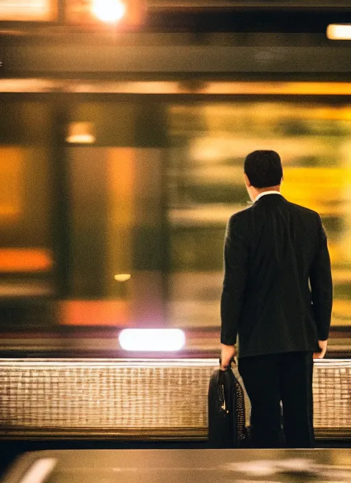 Image similar to a 2 8 mm macro photo from the back of a businessman standing on a train platform, splash art, movie still, bokeh, canon 5 0 mm, cinematic lighting, dramatic, film, photography, golden hour, depth of field, award - winning, anamorphic lens flare, 8 k, hyper detailed, 3 5 mm film grain