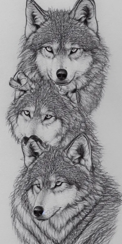 Prompt: highly detailed color pencil drawing of a three-headed wolf, on grainy white graph paper, faded color palette