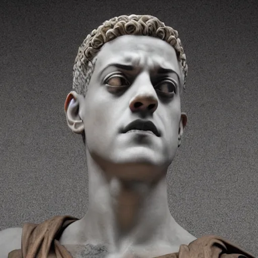 Image similar to rami malek as marble statue of ancient roman emperor, created by michelangelo, museum photoshot, 3 d photorealistic render, high resolution, 8 k