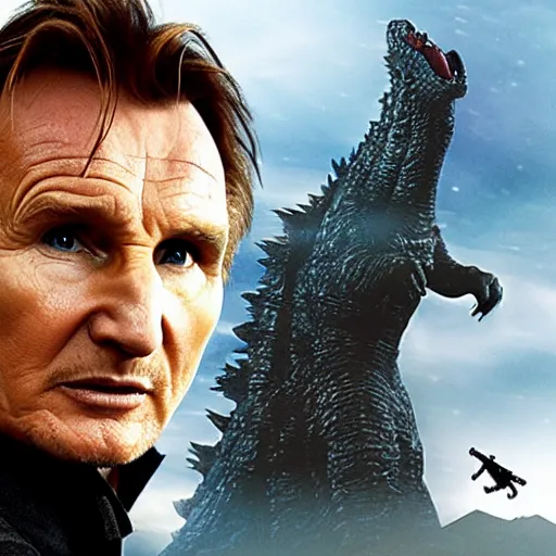 Image similar to liam neeson versus godzilla, movie poster, profile angle, high quality, realistic, head to head