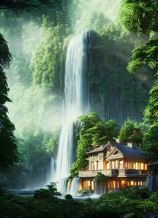 Image similar to beautiful big house in the forest, a big waterfall flows down from the mountain, octane render, fabulous, hyper detailed, random cinematic view, no noise, global illumination, warm lighting, volumetric, godrays, vivid, beautiful, by jordan grimmer