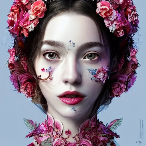 Prompt: the face of an absurdly beautiful, graceful, elegant, sophisticated, fashionable young woman made of strawberries and white petals with tears, an ultrafine hyperdetailed illustration by kim jung gi, irakli nadar, intricate linework, bright colors, octopath traveler, final fantasy, unreal engine 5 highly rendered, global illumination, radiant light, detailed and intricate environment