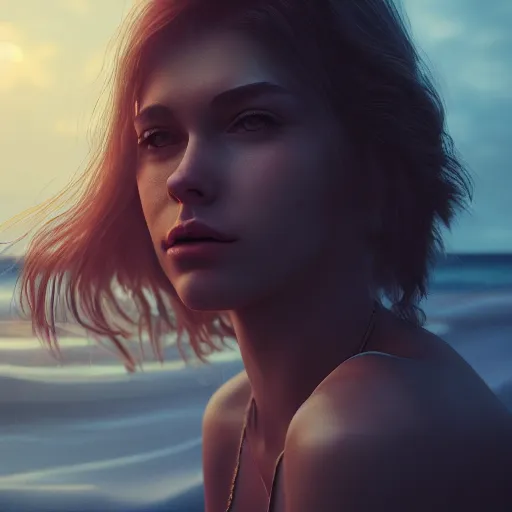 Image similar to a photorealistic hyperrealistic, anna swix, girl on the beach, beautiful dynamic dramatic low - light moody lighting, cinematic atmosphere, artstation, concept design art, octane render, 8 k