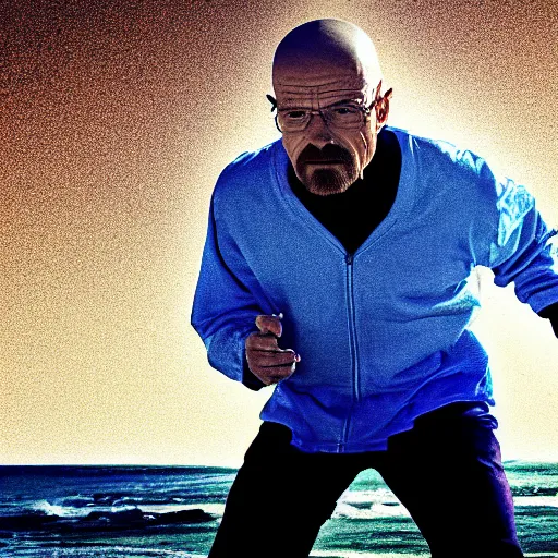 Image similar to Walter White running on the beach, artistic, 8k, cinematic, accurate, symetric, face, dramatic lighting, pastel colours