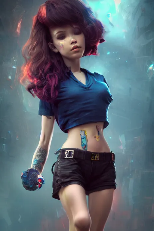 Image similar to Epic cinematic portrait of a very beautiful dollpunk female wearing an Abstract tech shirt and hotpants, volumetric clouds, focus, realistic eyes, symmetric body features proportions, golden ratio, ultra intricate details, award winning, unreal render, by Ross Tran