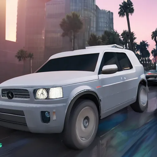 Image similar to a photorealistic image of bichon frise riding in the back on an Uber SUV through Hollywood at dusk. This 4K HD image is Trending on Artstation, featured on Behance, well-rendered, extra crisp, features intricate detail and the style of Unreal Engine.