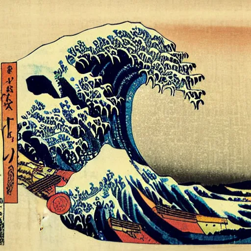 Image similar to surfing on a big wave, ukiyo-e by Utagawa Kuniyoshi