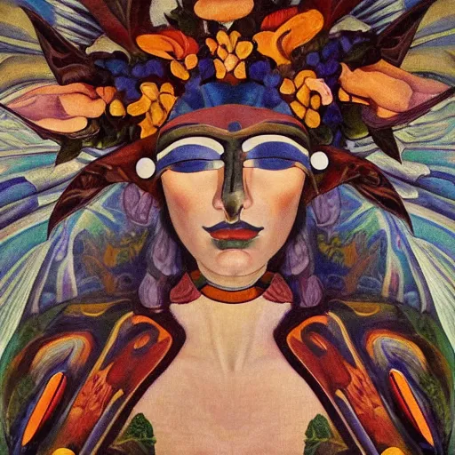 Prompt: a masterpiece painting of a facemask made of stylized flowers, by evelyn de morgan and diego rivera and john watkiss and annie swynnerton, art deco shaman, art brut, symbolist, dramatic cinematic lighting, god rays, iridescent beetles, clean crisp graphics, smooth sharp focus, extremely detailed