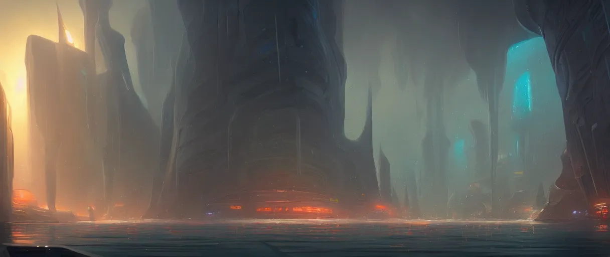 Image similar to digital painting of an underwater sci-fi city, style of Ralph Mcquarrie, concept art, high angle, high detail, cold lighting, dark, vivid, beautiful, caustics, trending on artstation, by Jordan grimmer, no focus, huge scene