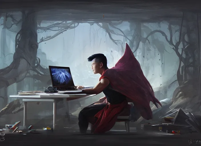 Image similar to an insanely detailed painting of an asian man wearing a homemade superhero costume, sitting at a desk, staring at the nervously at the computer and typing, in the style of peter mohrbacher, dramatic lighting and composition, surreal background, octane render, pixar, trending on artstation, concept art, comic book, view from behind