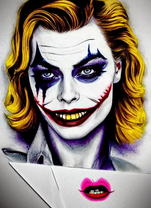 Prompt: tattoo design of beautiful margot robbie with a little joker makeup, holding an ace card, slight smile, in the style of den yakovlev, realistic face, black and white, realism tattoo, hyper realistic, highly detailed